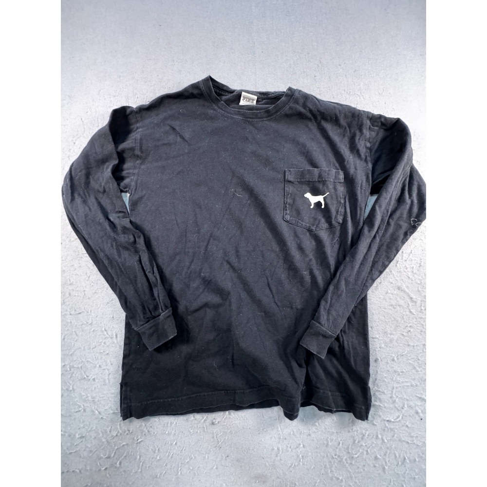 Pink Victoria's Secret Shirt Womens XS Black Dog Logo Pocket Long Sleeve Casual